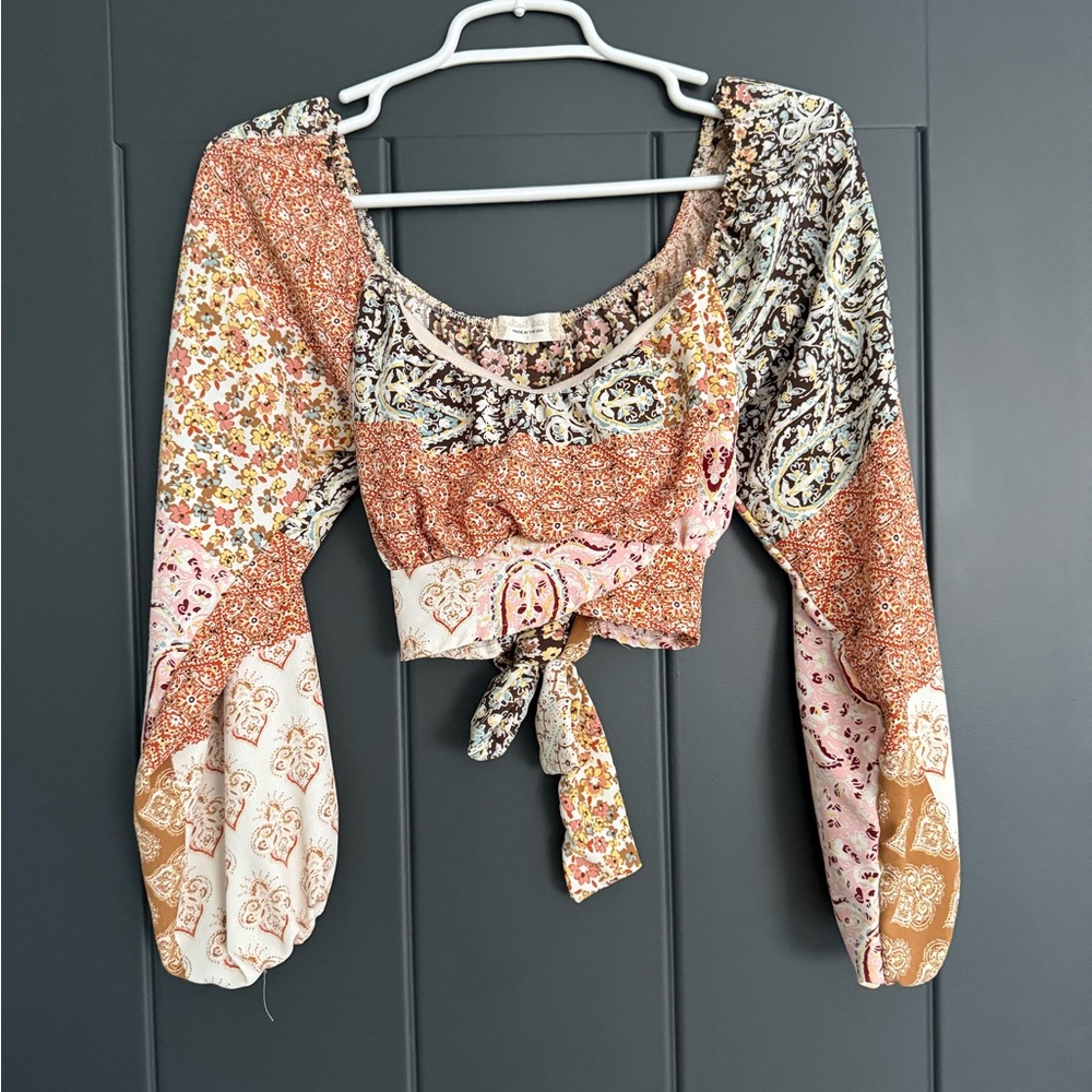 Altar'd State Multicolor Patchwork Tie-Back Cropped Blouse